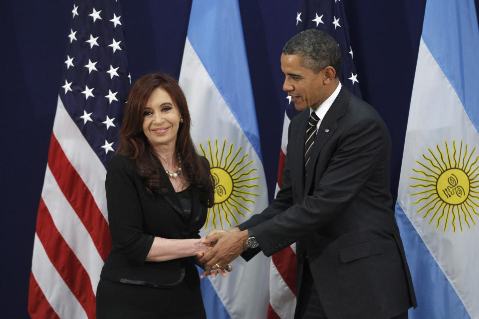 President Barack Obama meets with Argentina's President Cristina Fernandez at the G20 Summit in Cannes, France, Friday, Nov. 4, 2011.&nbsp;