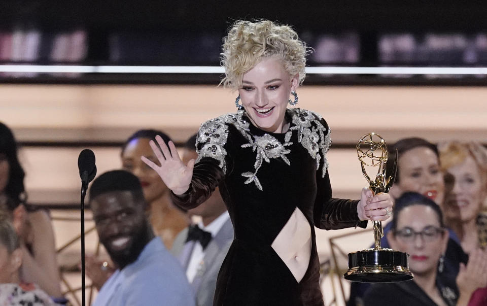 Julia Garner accepts the Emmy for outstanding supporting actress in a drama series for "Ozark" at the 74th Primetime Emmy Awards on Monday, Sept. 12, 2022, at the Microsoft Theater in Los Angeles. (AP Photo/Mark Terrill)