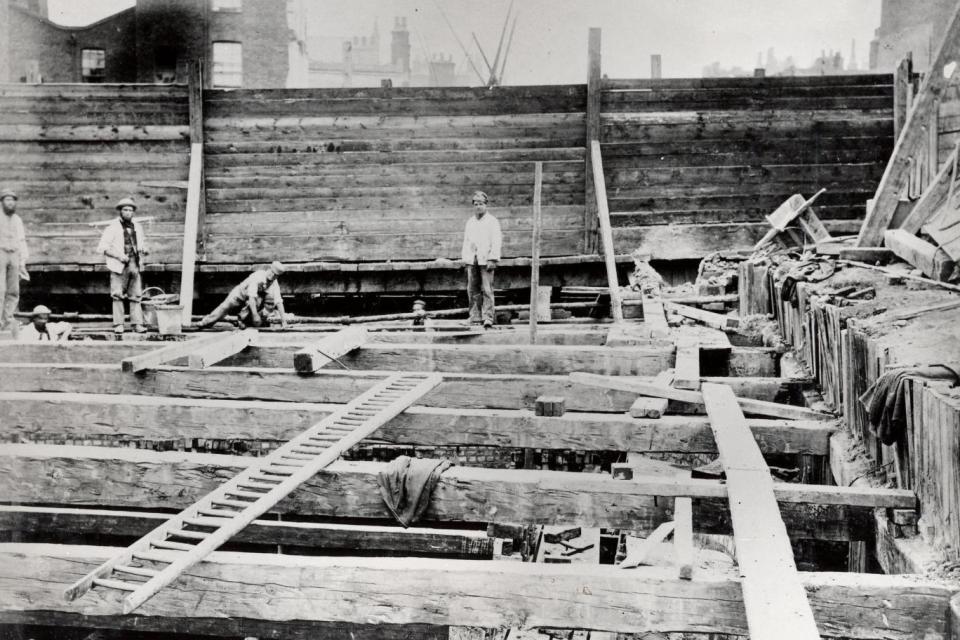 Workers building Gloucester Road station, which opened in 1868, in a photo taken by Henry Flather who documented the District line being built. (London Transport Museum)