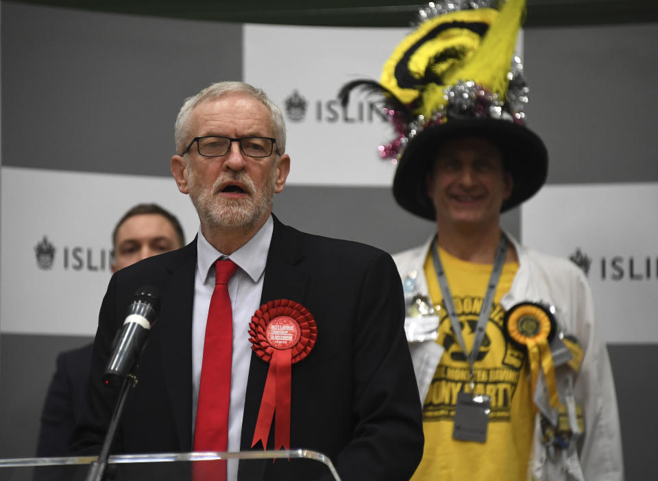 British opposition Labour Party leader Jeremy Corbyn speaks during the declaration of his seat on Friday. Source: AAP