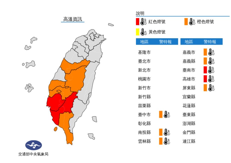 氣象局針對中南部多縣市發布高溫資訊。   圖/氣象局