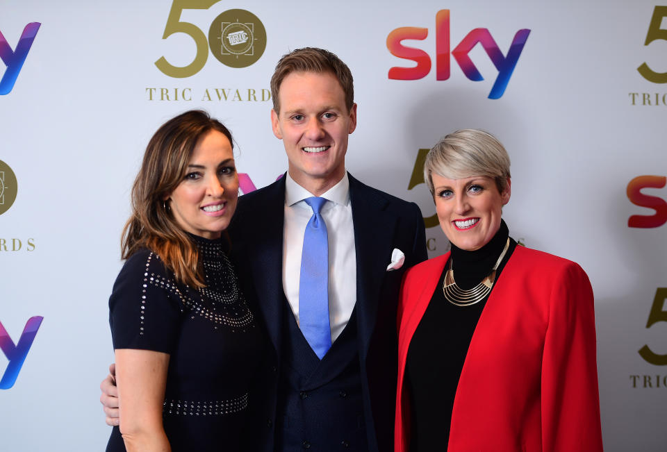 Sally Nugent, Dan Walker and Steph McGovern attending the TRIC Awards 2019 50th Birthday Celebration held at the Grosvenor House Hotel, London.
