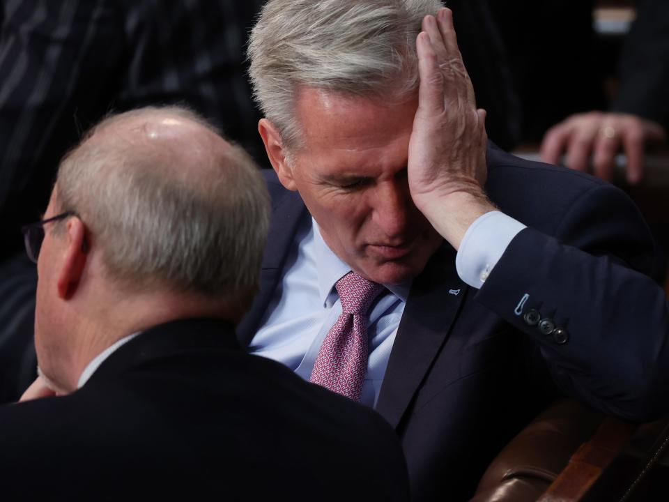 U.S. House Republican Leader Kevin McCarthy (R-CA) rubs his face during the fourth day of elections for Speaker of the House at the U.S. Capitol Building on January 06, 2023 in Washington, DC.