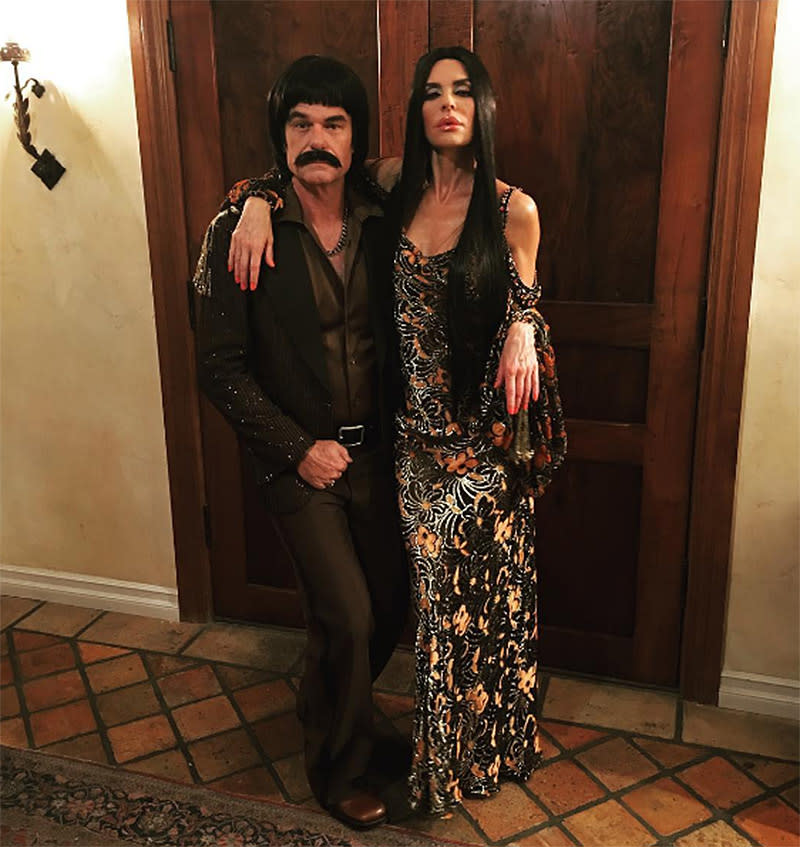 <p>“I got you Babe,” Rinna captioned a groovy snap. Rinna and hubby Harry Hamlin dressed as none other than Sonny and Cher. Making the couple’s costume even better was the fact that designer Bob Mackie let them borrow items from the musical duo’s original wardrobe. (Photo: <a rel="nofollow noopener" href="https://www.instagram.com/p/BMI5KWrg36I/?" target="_blank" data-ylk="slk:Instagram;elm:context_link;itc:0;sec:content-canvas" class="link ">Instagram</a>) </p>