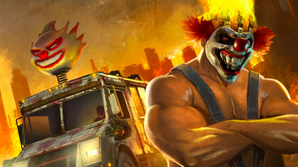 PlayStation Showcase 2023; artwork of a man with a burning hat from the game Twisted Metal