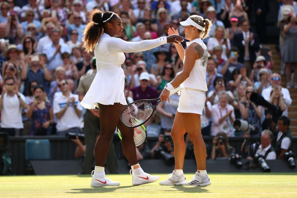 Serena Williams hugs Angelique Kerber after losing in the 2018 Wimbledon final.