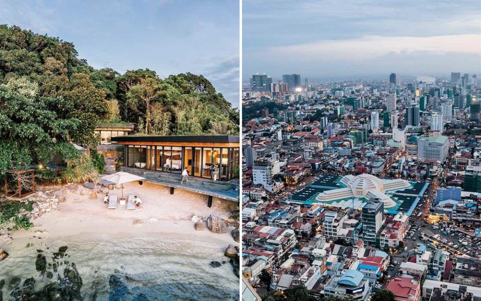 From left: An oceanfront villa at Six Senses Krabey Island resort in Southern Cambodia; Phnom Penh, the Cambodian capital, as seen from the rooftop bar of the Rosewood Phnom Penh. | Christopher Wise