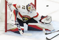 Florida Panthers goaltender Sergei Bobrovsky makes a save against the Toronto Maple Leafs during the first period of Game 5 of an NHL hockey Stanley Cup second-round playoff series Friday, May 12, 2023, in Toronto. (Chris Young/The Canadian Press via AP)