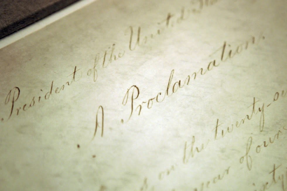 The original Emancipation Proclamation is shown on display in the Rotunda of the National Archives in Washington, Feb. 18, 2005. (AP Photo/Evan Vucci, File)