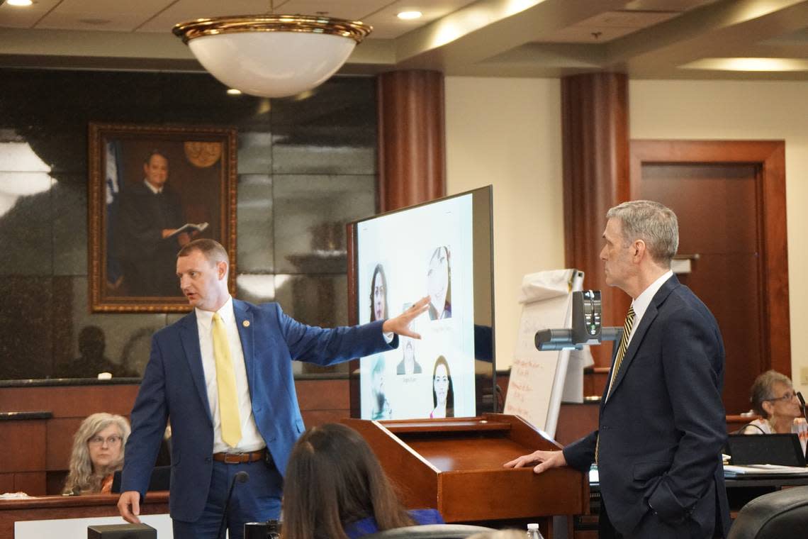 South Carolina Law Enforcement agent Phillip Turner showed the jury in Greg Leon’s murder trial pictures of individuals whose voices could allegedly be heard on a taped recording of a witness tampering sting on June 22, 2023.