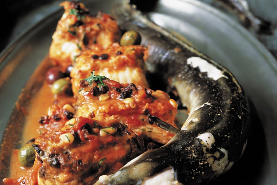 Eel With Olives, Chiles, and Capers ( Anguilla Livernese )