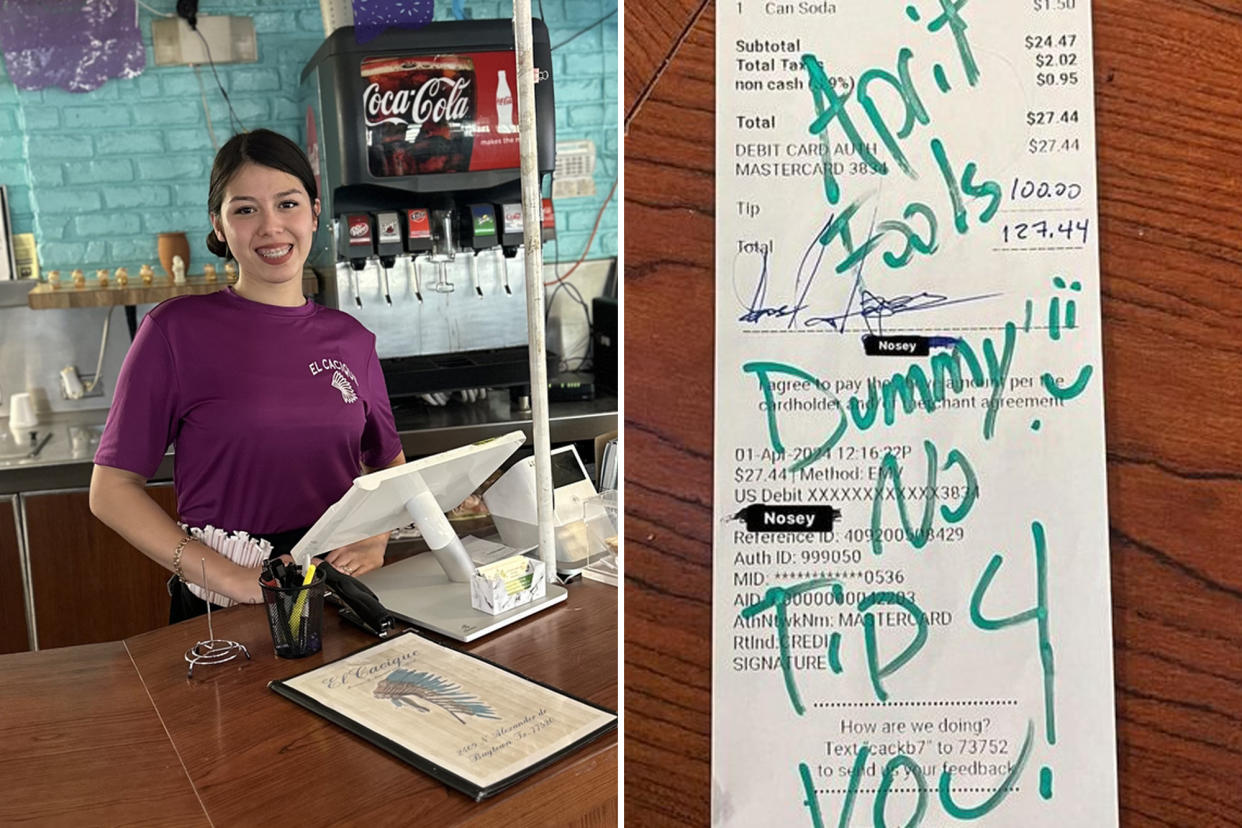 Isis Gomez, server at El Cacique Taqueria in Baytown, TX and her April Fools receipt