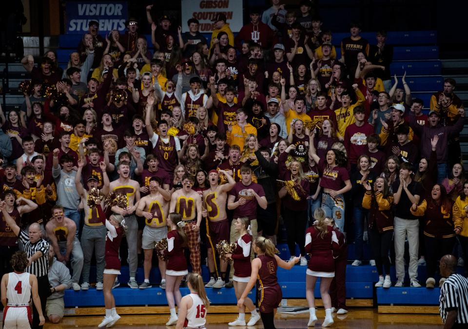 Gibson Southern's student section cheers on their team against Princeton during their Class 3A regional at Charlestown High School Saturday night, Feb. 11, 2023. Gibson Southern beat Princeton 71-55 to advance to semi-state next Saturday, Feb. 18, 2023.