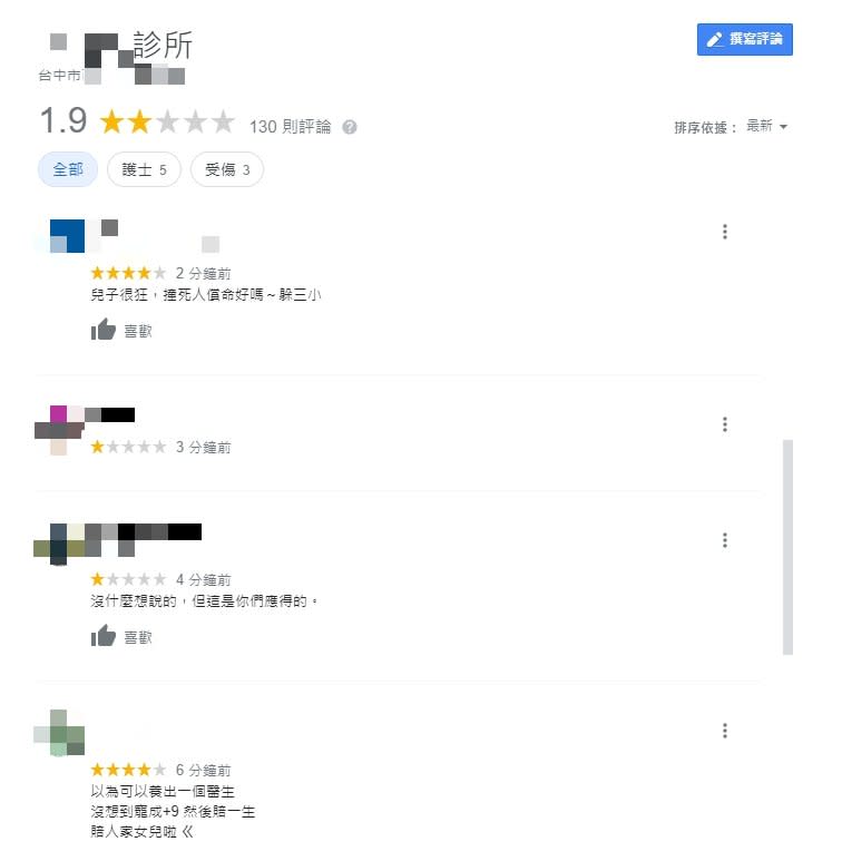 網友紛紛跑到診所的Google評價狂刷1顆星。（圖／翻攝自Google評價）