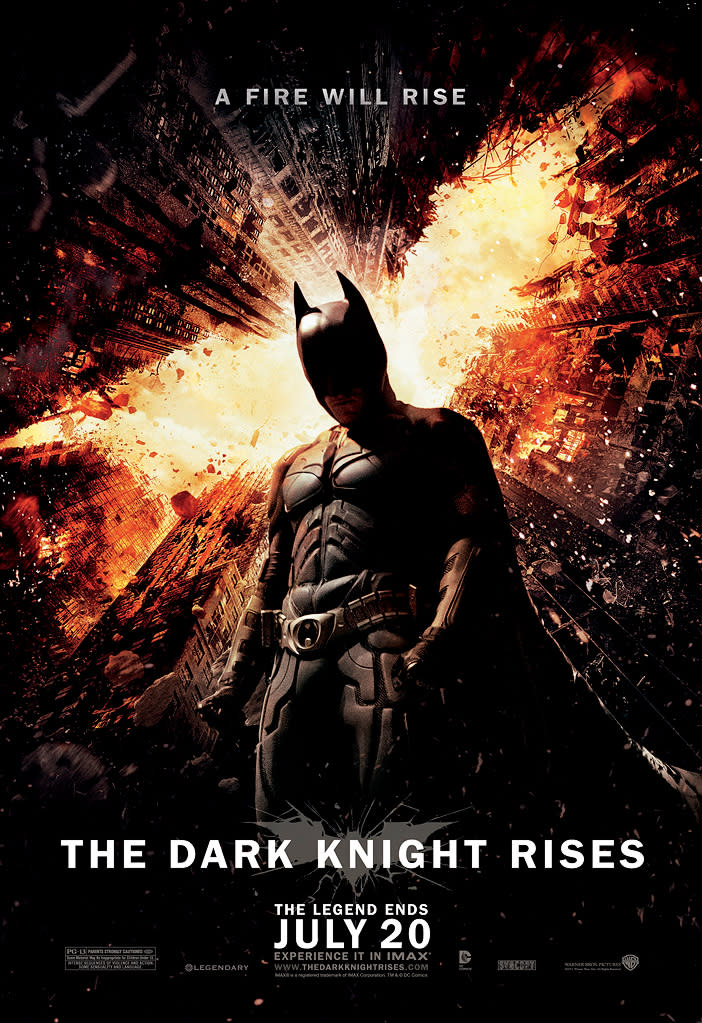 This theatrical poster for "The Dark Knight Rises" was released on Monday, placing Batman at the center of a fiery, collapsing cityscape (which, of course, looks a lot like the Bat-symbol). Some online fans expressed their disappointment with the image, feeling it was not terribly original. But it does fit in with the aesthetic style of many of the earlier posters from Nolan's Bat-films. Keep clicking to see more posters from the trilogy.