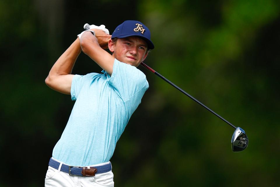 Miles Russell of Jacksonville Beach hits from the 16th tee during the first round of the LECOM Suncoast Classic at Lakewood National Golf Club Commander on April 18 in Lakewood Ranch, Florida.