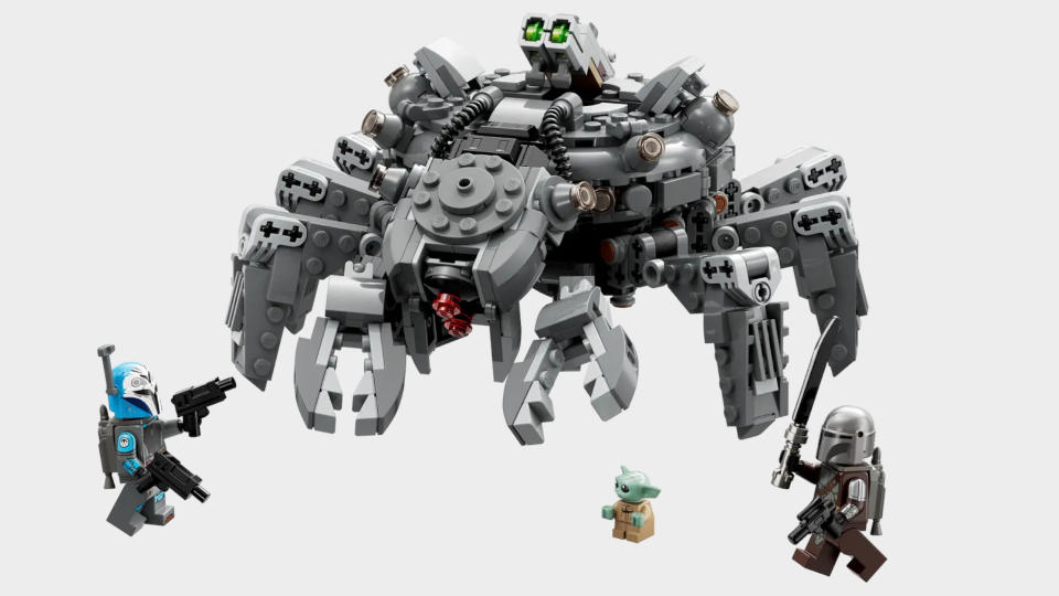 The Lego Spider Tank with Bo-Katan, Grogu, and Mandalorian minifigures on a plain background