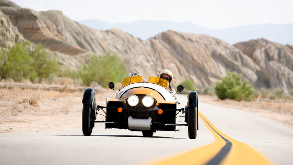 Driving the Morgan Super 3 three-wheeler.