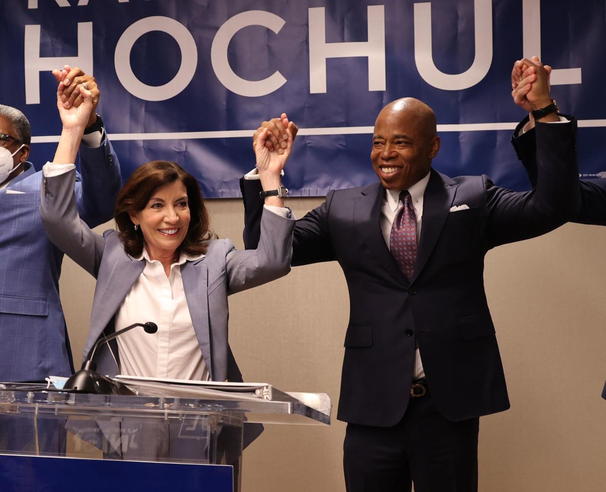 New York Governor Kathy Hochul (left) is pictured at the podium after receiving an endorsement from New York City Mayor Eric Adams (right).