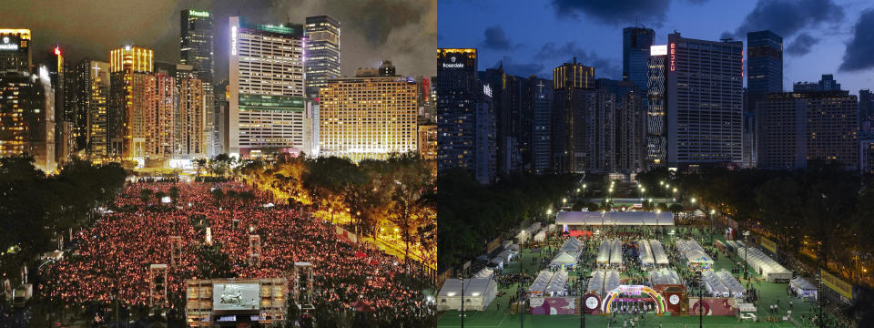 In this two photo combination image, at left thousands of people attend the annual candlelight vigil in Hong Kong's Victoria Park, June 4, 2019 to mark the anniversary of the military crackdown on the 1989 pro-democracy student movement in Beijing, and right shows the same venue taken over by a carnival organized by pro-Beijing groups to mark the city's 1997 handover to China on the 34th anniversary of the crackdown, June 4, 2023. (AP Photo)