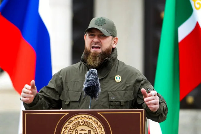 Chechnya's regional leader Ramzan Kadyrov addresses servicemen attending a review of the Chechen Republic's troops and military hardware in Grozny, the capital of the Chechen Republic, Russia, Friday, Feb. 25, 2022.