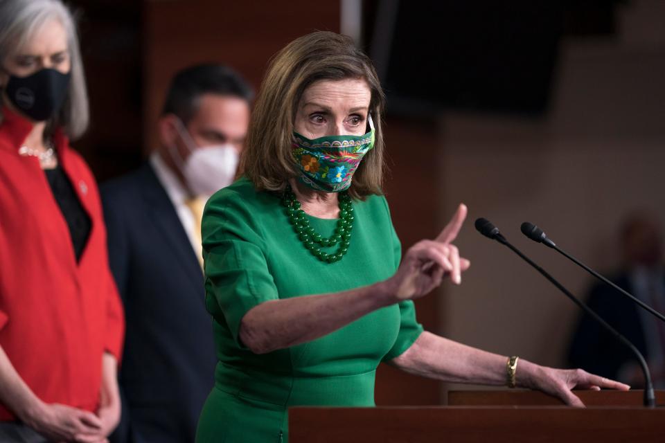 "I salute President Biden for his American Rescue Plan," House Speaker Nancy Pelosi, D-Calif., says before Congress votes on the $1.9 trillion COVID-19 aid package.