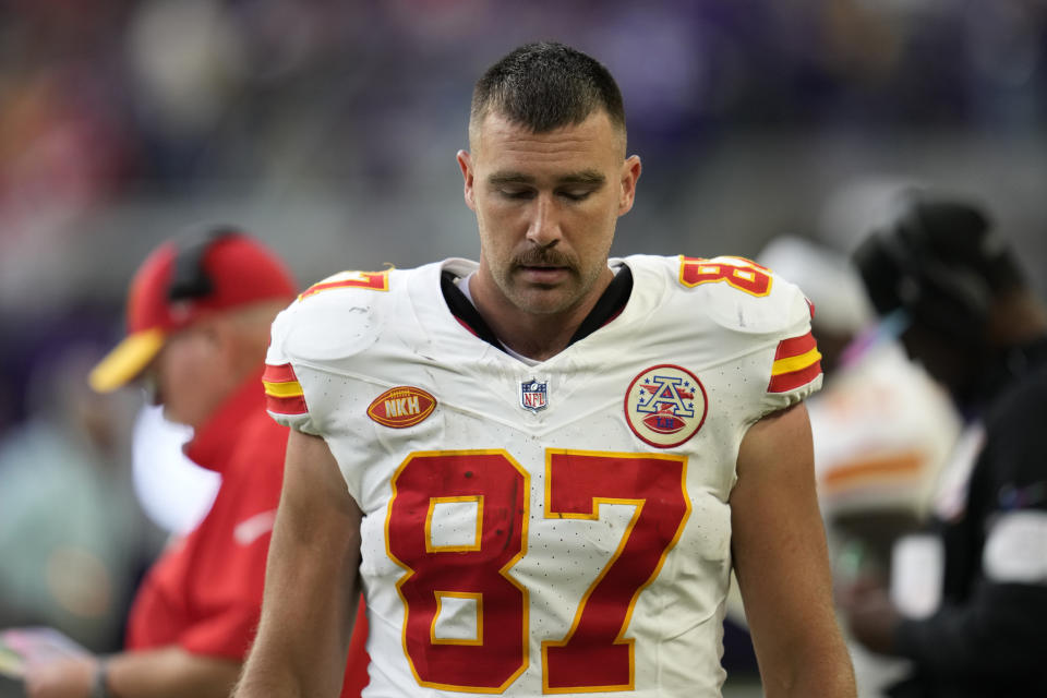 Kansas City Chiefs tight end Travis Kelce (87) walks on the sideline during the second half of an NFL football game against the Minnesota Vikings, Sunday, Oct. 8, 2023, in Minneapolis. (AP Photo/Abbie Parr)