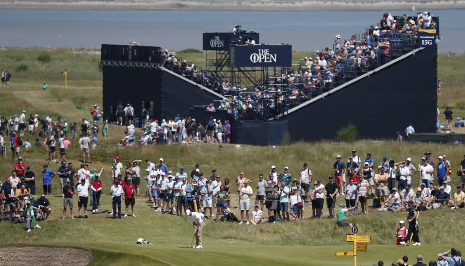 Northern Ireland's Rory McIlroy putts on the 9th green during the final round of the British Open Golf Championship at Royal St George's golf course Sandwich, England, Sunday, July 18, 2021. (AP Photo/Peter Morrison)