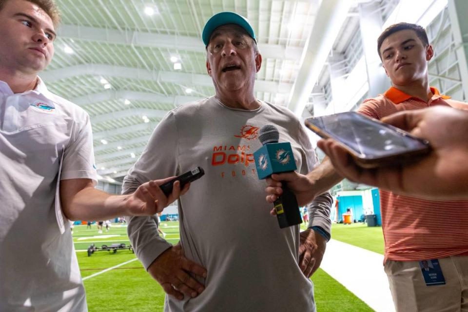 Miami Dolphins defensive coordinator Vic Fangio speaks to the media after 2023 Miami Dolphins Mandatory Minicamp at Baptist Health Training Complex in Miami Gardens, Florida, on Thursday, June 8, 2023.