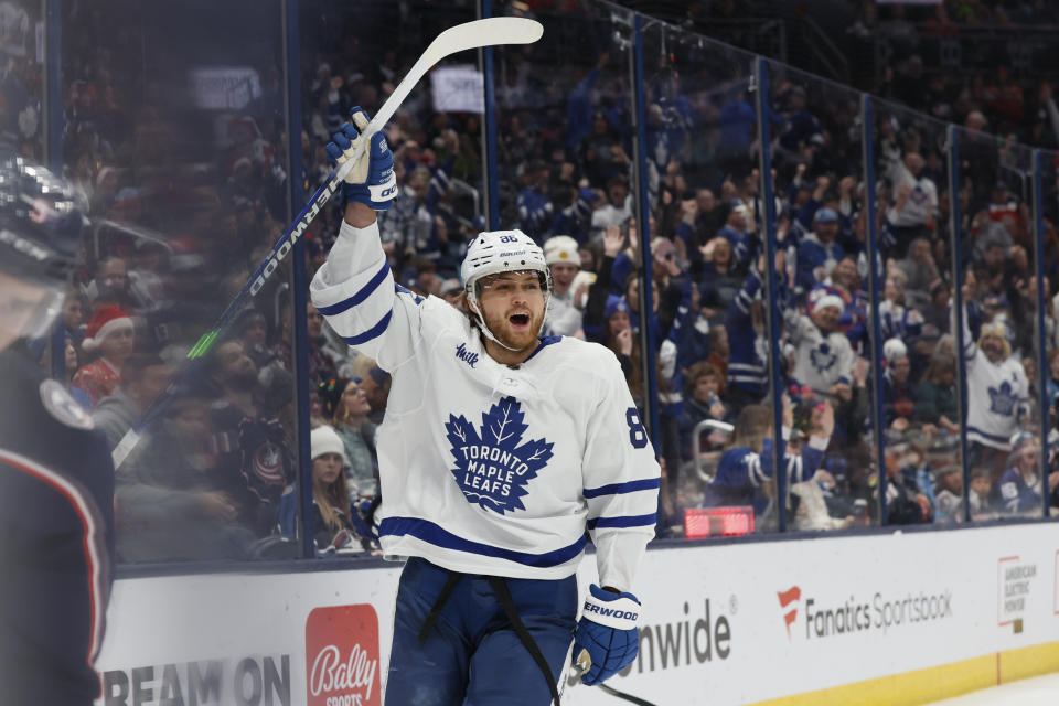 Toronto Maple Leafs' William Nylander celebrates after his goal against the Columbus Blue Jackets during the third period of an NHL hockey game Saturday, Dec. 23, 2023, in Columbus, Ohio. (AP Photo/Jay LaPrete)