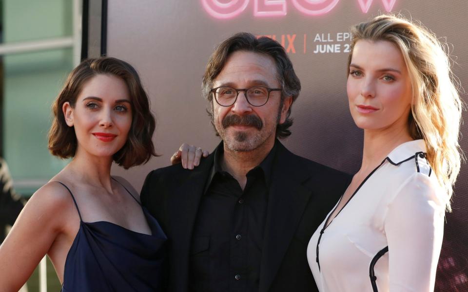 Alison Brie, Marc Maron and Betty Gilpin at the GLOW premiere in LA - Reuters