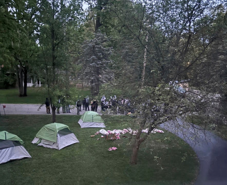 This photo provided by Sarah Hubbard shows pro-Palestinian protesters in Okemos, Mich., demonstrating outside the home of Sarah Hubbard, the chair of the University of Michigan’s governing board, on Wednesday, May 15, 2024. They set up tents and placed fake bloody corpses on her lawn. They want the university to get rid of any investments in companies connected to Israel. (Sarah Hubbard via AP)