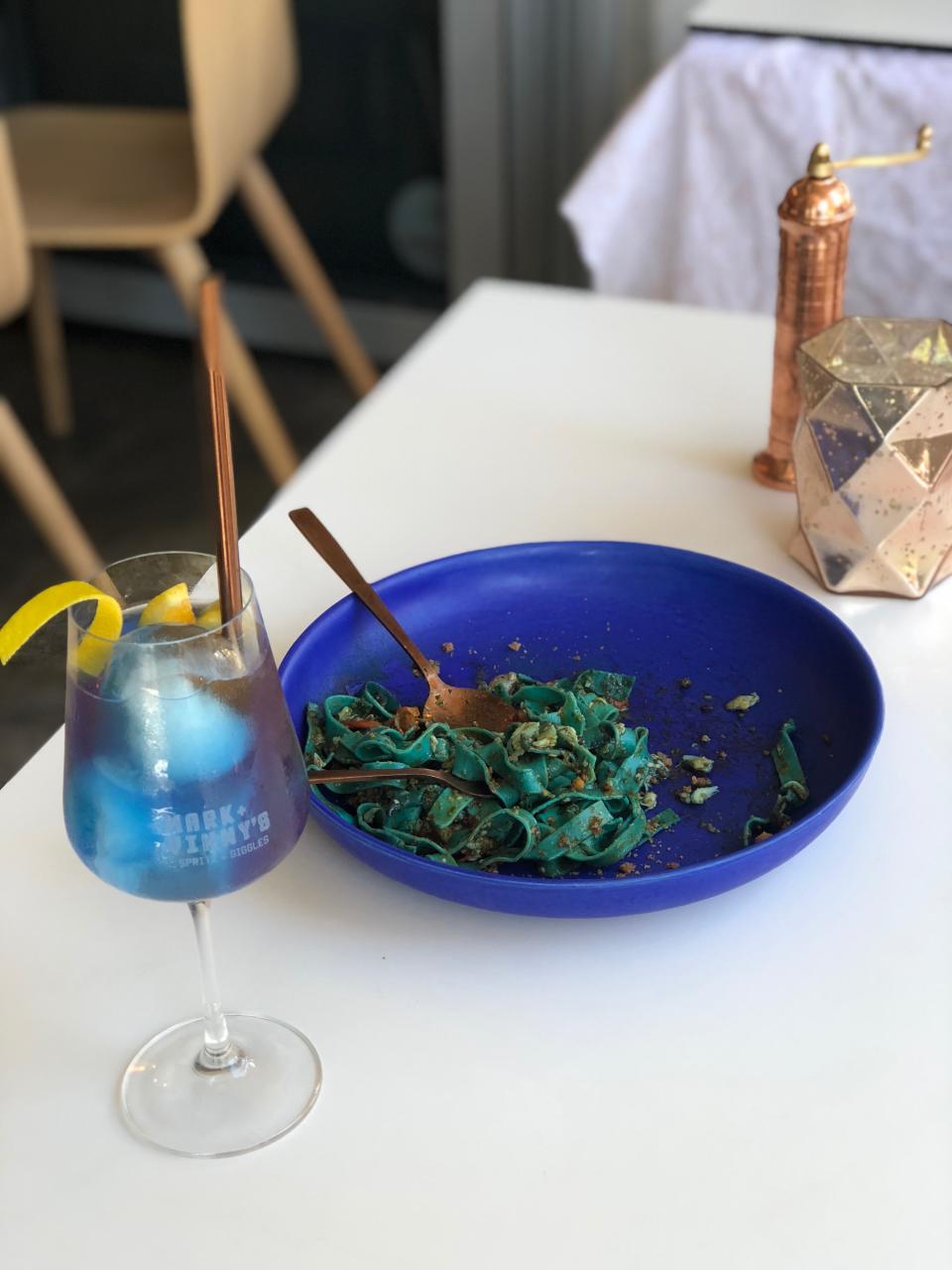 This blue spaghetti has been coloured with natural spirilina and comes with a matching sprtiz. YUM! Source: Supplied