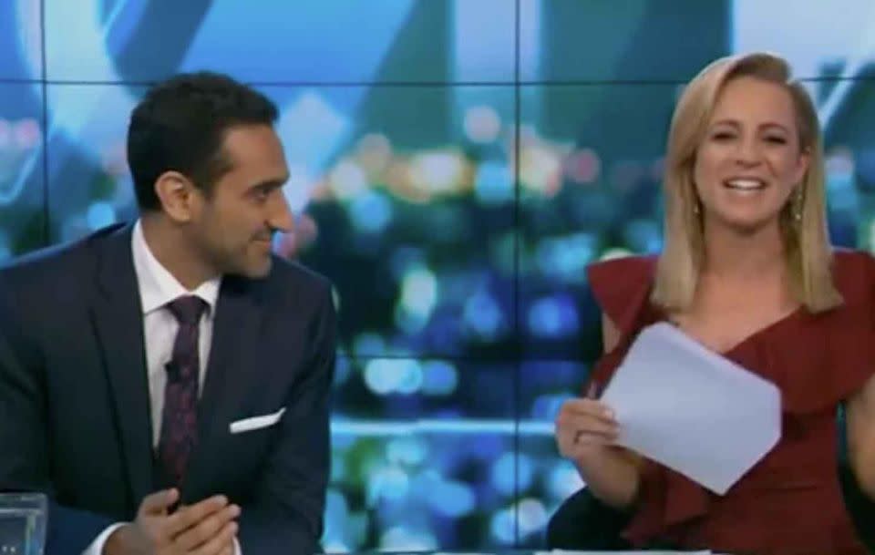 Waleed Aly stuck up for Rachel as Carrie told the hilarious story. Source: Ten