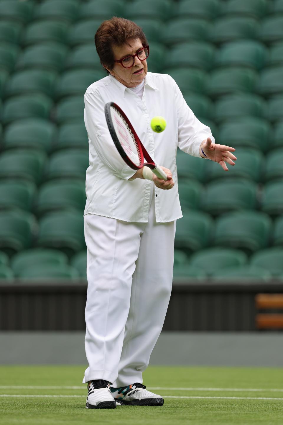 Billie Jean King plays a forehand against Deborah Jevans on Saturday.