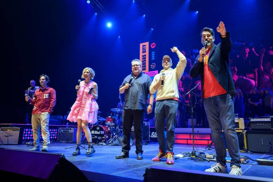 The Big Slick hosts, from left: Paul Rudd, Heidi Gardner, Eric Stonestreet, Jason Sudeikis and Rob Riggle.