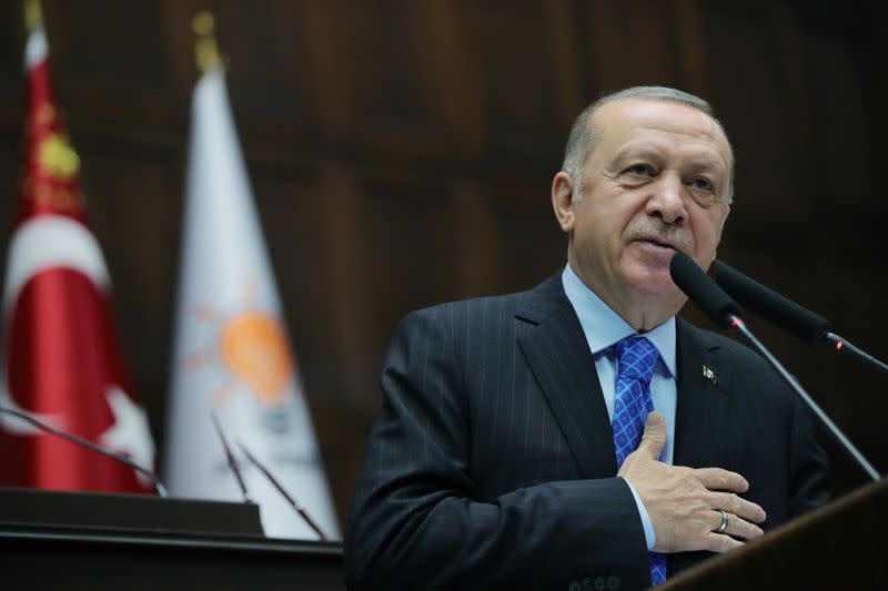 Turkish President Erdogan addresses members of his ruling AK Party in Ankara