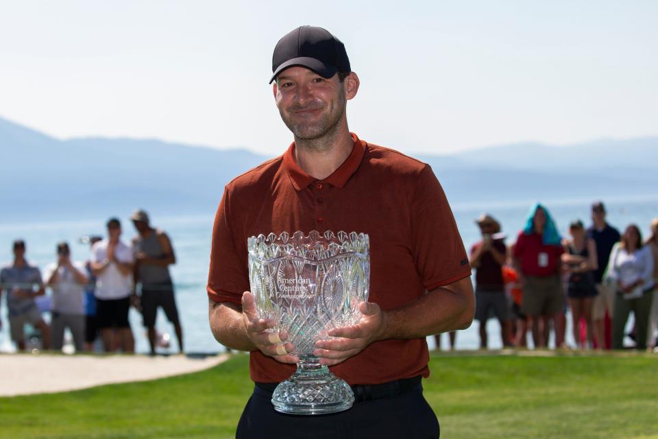 Tony Romo holds the championship trophy       after winning the American Century Celebrity Championship golf tournament at Edgewood Tahoe Golf Course in Stateline on Sunday, July 10, 2022.
