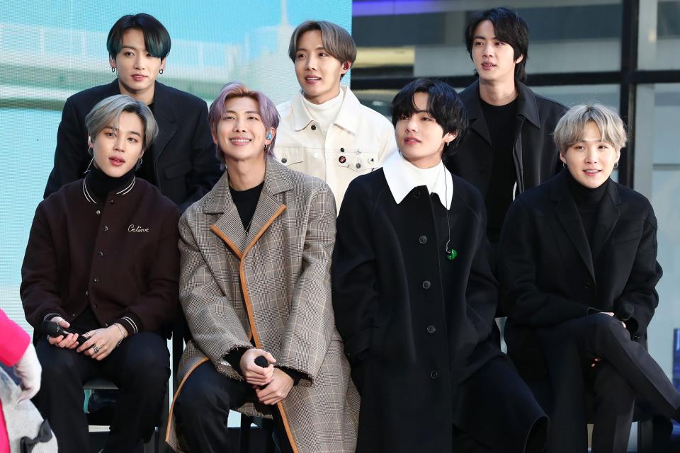 Jimin, Jungkook, RM, J-Hope, V, Jin, and SUGA of the K-pop boy band BTS visit the "Today" Show at Rockefeller Plaza on February 21, 2020 in New York City.