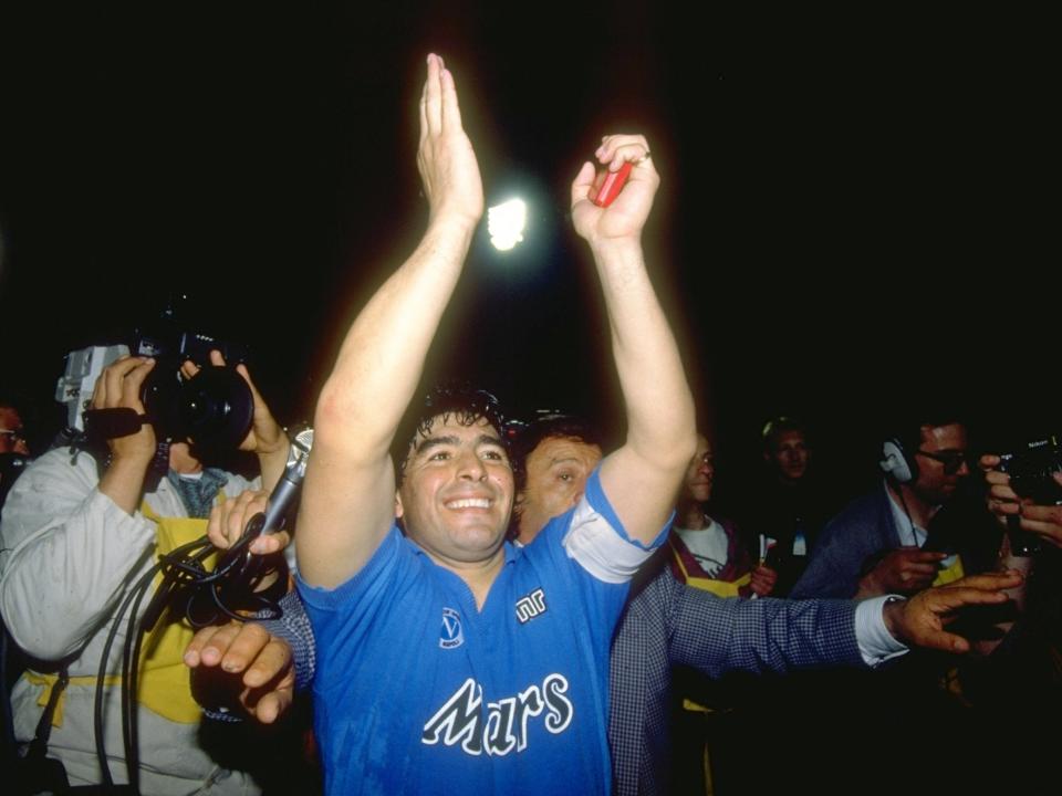 <p>Celebrating with Napoli after defeating Stuttgart in 1989’s Uefa Cup</p>Getty