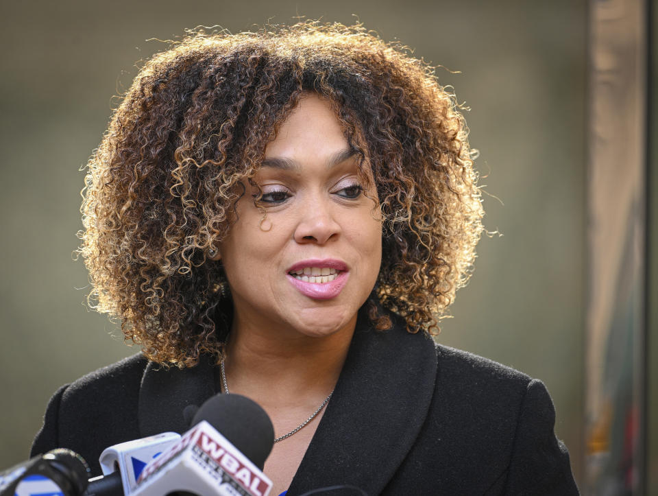 Baltimore State’s Attorney Marilyn Mosby addresses the media outside her office on a day after her indictment on federal perjury charges on Friday, Jan. 14, 2022. A lawyer for Baltimore's top prosecutor, A. Scott Bolden, has outlined her defense against federal criminal charges stemming from her purchase of two Florida vacation homes. (Jerry Jackson/The Baltimore Sun via AP)