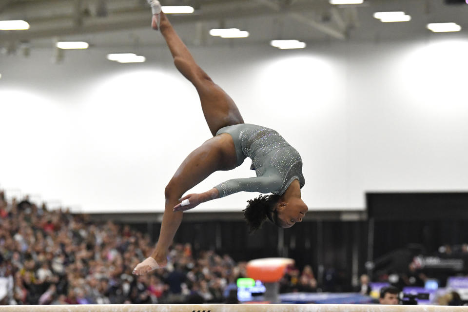 Trinity Thomas performs on the balance beam at the USA Gymnastics Winter Cup competition in Louisville, Ky., Saturday, Feb. 24, 2024. (AP Photo/Timothy D. Easley)