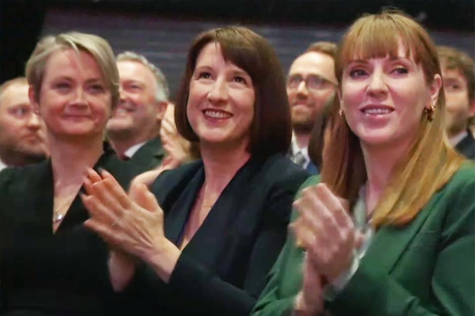 Yvette Cooper, Rachel Reeves and Angela Rayner wait for Starmer’s speech (The Independent)