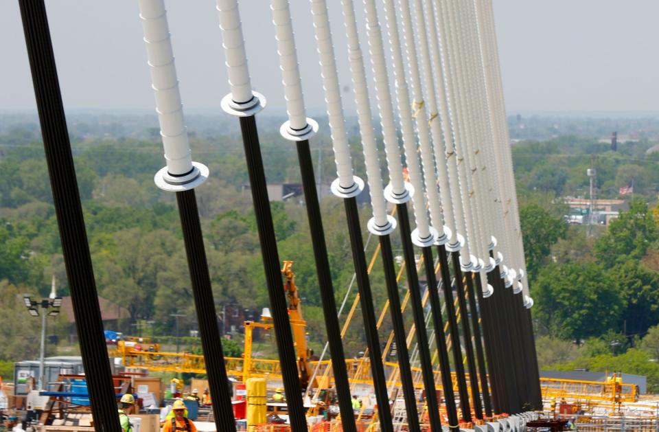 Steel cable is wrapped in a rubber coating to help protect it from the elements. This cable supports the large span of the Gordie Howe Bridge in Detroit on Tuesday, May 14, 2024.
