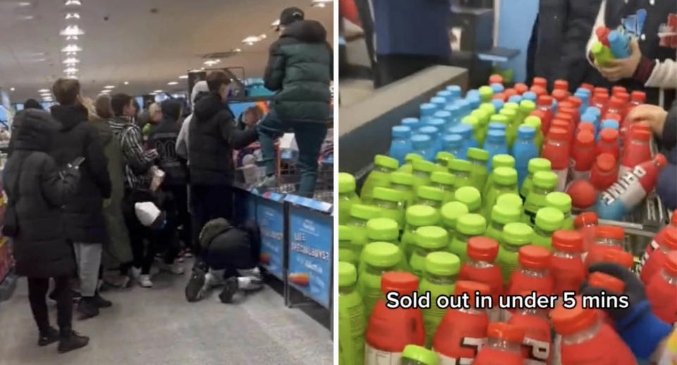 Shoppers run for the product inside an Aldi store (left) and the drink on a shelf (right).