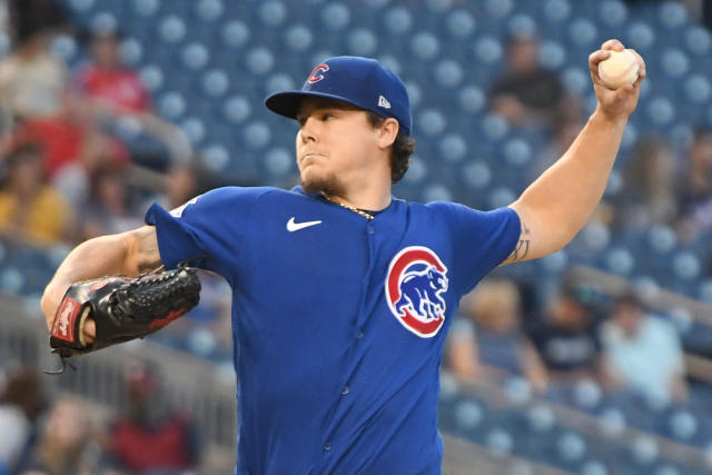 Chicago Cubs starting pitcher Justin Steele exhales as he heads