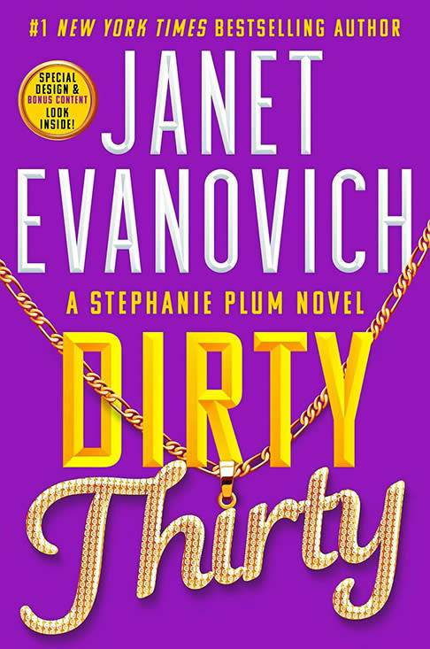 Funny Books: Dirty Thirty by Janet Evanovich purple book cover with the title written in yellow font  