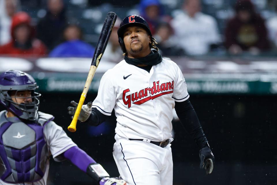 The Cleveland Guardians'  Jose Ramirez reacts after swinging and missing against the Colorado Rockies on April 25.