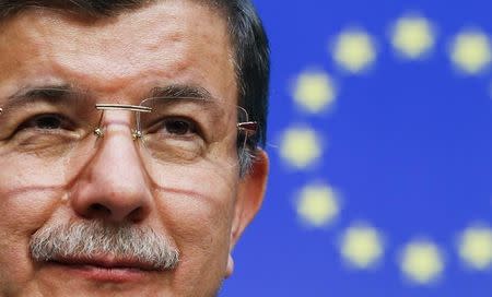 Turkish Prime Minister Ahmet Davutoglu speaks at a news conference at the end of a EU-Turkey summit in Brussels March 8, 2016. REUTERS/Yves Herman