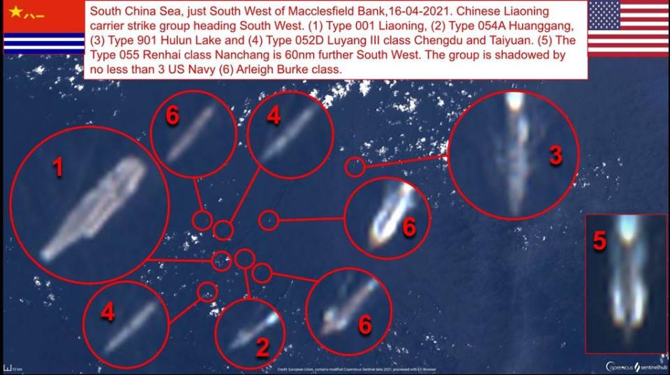 圖為歐洲太空總署地球觀測衛星哨兵2號拍攝到的南海中沙大環礁西南方的照片，其中1為遼寧艦，2為黃崗艦，3為呼倫湖艦，4為成都艦及太原艦，5為南昌艦，6為3艘美軍柏克級逐驅逐艦。（圖／OSINT)